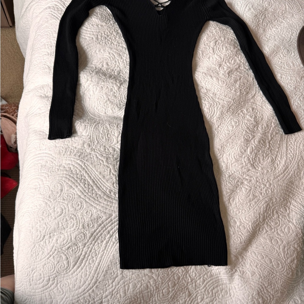 Black V-Neck Long Sleeve Bodycon Midi Dress